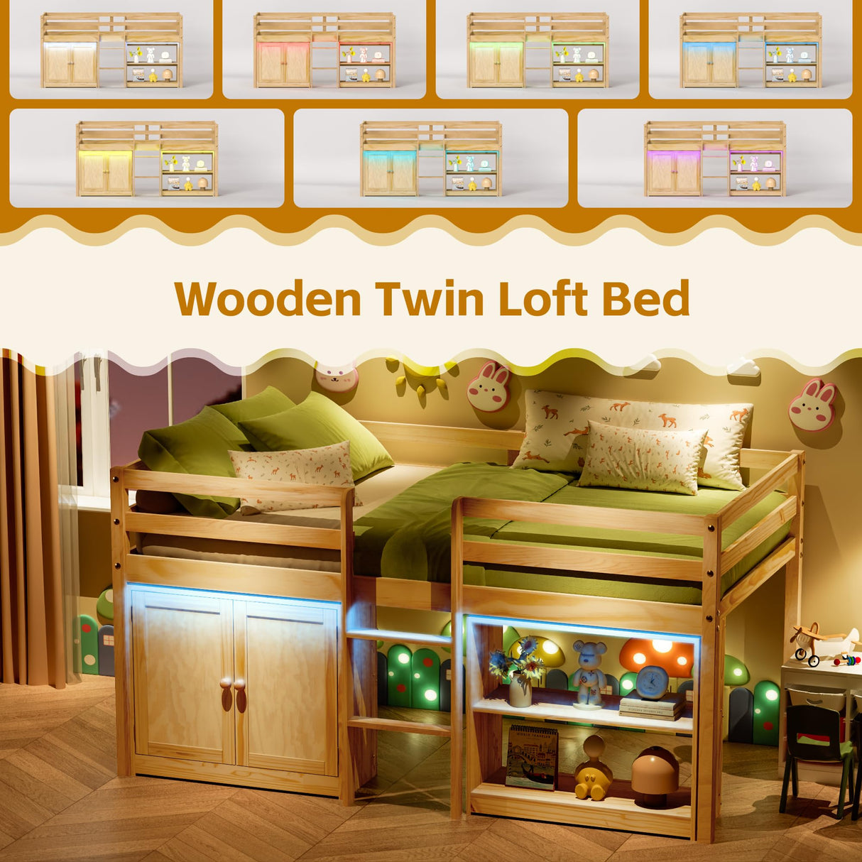 TOLEAD Low Loft Bed Twin Size with LED Lights, Twin Bed Frames for Kids, Kids Loft Bed with 14" H Safety Guardrail, Wood Twin Loft Bed with Storage Cabinet and Under-Bed Play Space (Natural) TOLEAD