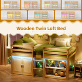 TOLEAD Low Loft Bed Twin Size with LED Lights, Twin Bed Frames for Kids, Kids Loft Bed with 14" H Safety Guardrail, Wood Twin Loft Bed with Storage Cabinet and Under-Bed Play Space (Natural) TOLEAD