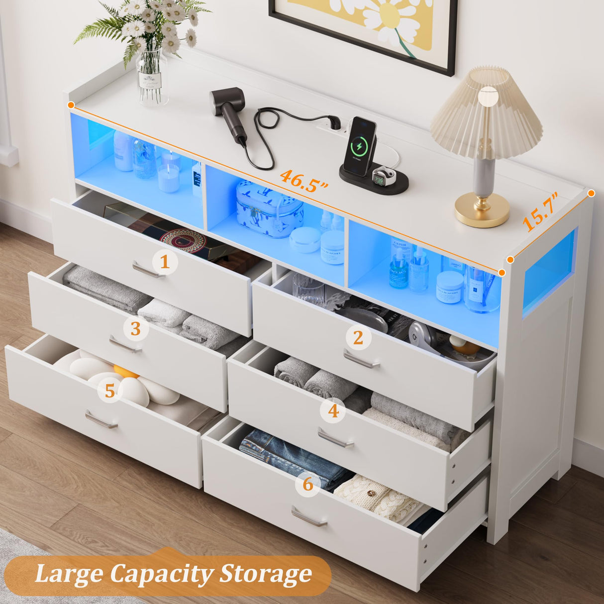 White Dresser for Bedroom with 6 Drawers, LED Dressers & Chests of Drawers with Power Strip, Modern Dressers Wide Storage for Bedroom Closet Whalefall