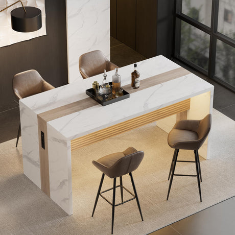 63" Large Island Table for Kitchen with Charging Station,Faux Marble Wooden Dining Table for 4-6 People,Modern Luxury Kitchen Island with Multi-Color LED Mood Lighting & Stylish Grill Design TRONLEE