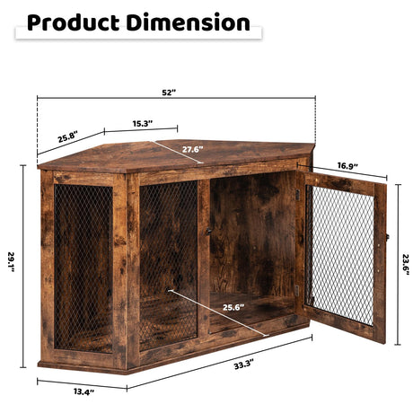 VITESSE Corner Dog Crate Furniture, 44/52inch Durable Wooden Dog Kennel End Table, Indoor Decorative Puppy Kennel with Metal Mesh, Heavy-Duty Pet House for Large Dogs with Portable Switch, TV Stand VITESSE