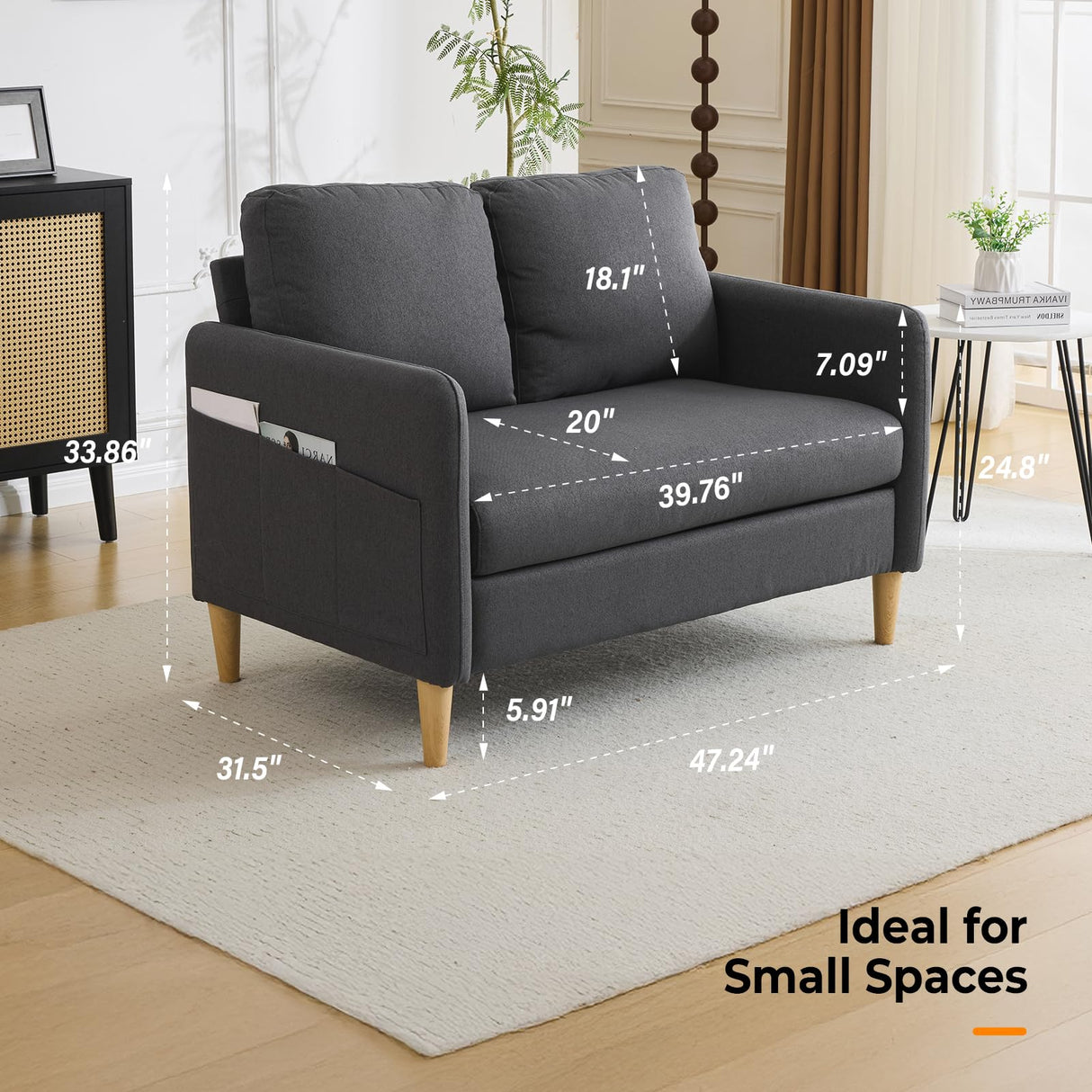 VINGLI 47" Small Couch, Dark Grey Linen Loveseat Sofa Mini Couch Mid Century Modern Decor Love Seat for Small Spaces Living Room, Bedroom, Play Room VINGLI