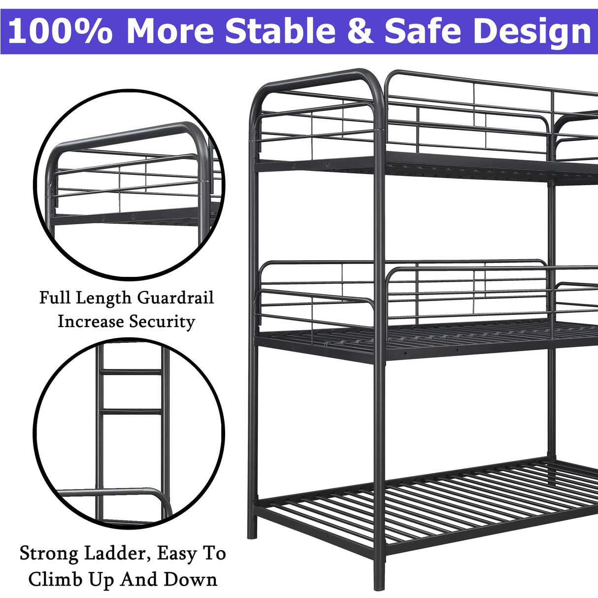 Movdevy Heavy Duty Metal Triple Bunk Beds for Adults and Kids and Teens, Modern Style Twin Over Twin Over Twin Size Triple Bunk Bed with Safe Guardrail, 3 Bunk Beds Easy to Assemble (Black) Movdevy