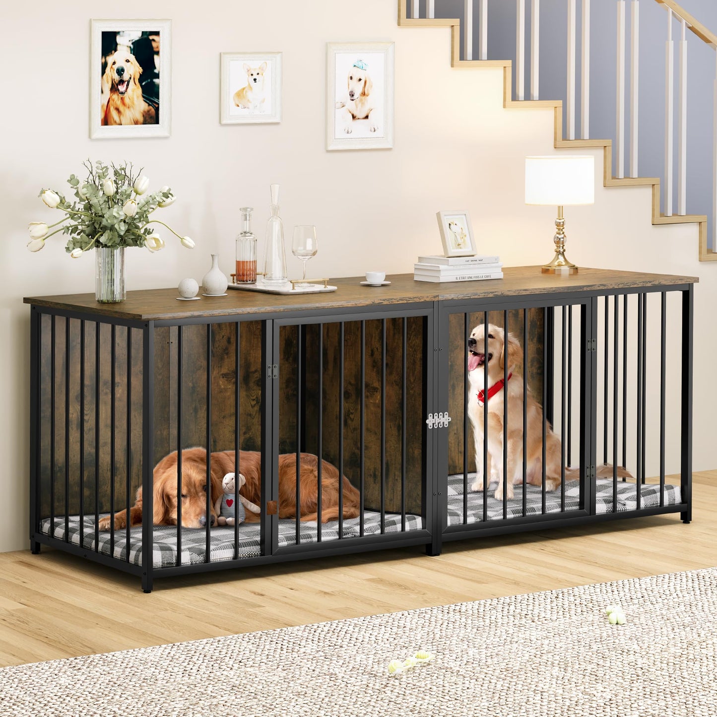 YITAHOME Double Dog Crate Furniture, 80.2 inch Large Breed Dog Kennel with Divider, Heavy Duty Dog House TV Stand Indoor for 2 Medium Dogs, Brown