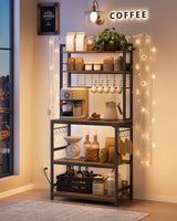 VASAGLE Hutch Bakers Rack with Power Outlet, 14 Hooks Microwave Stand, Adjustable Coffee Bar with Metal Wire Panel, Kitchen Storage Shelf, 15.7 x 31.5 x 66.9 Inches, Rustic Brown and Black UKKS025B01 VASAGLE