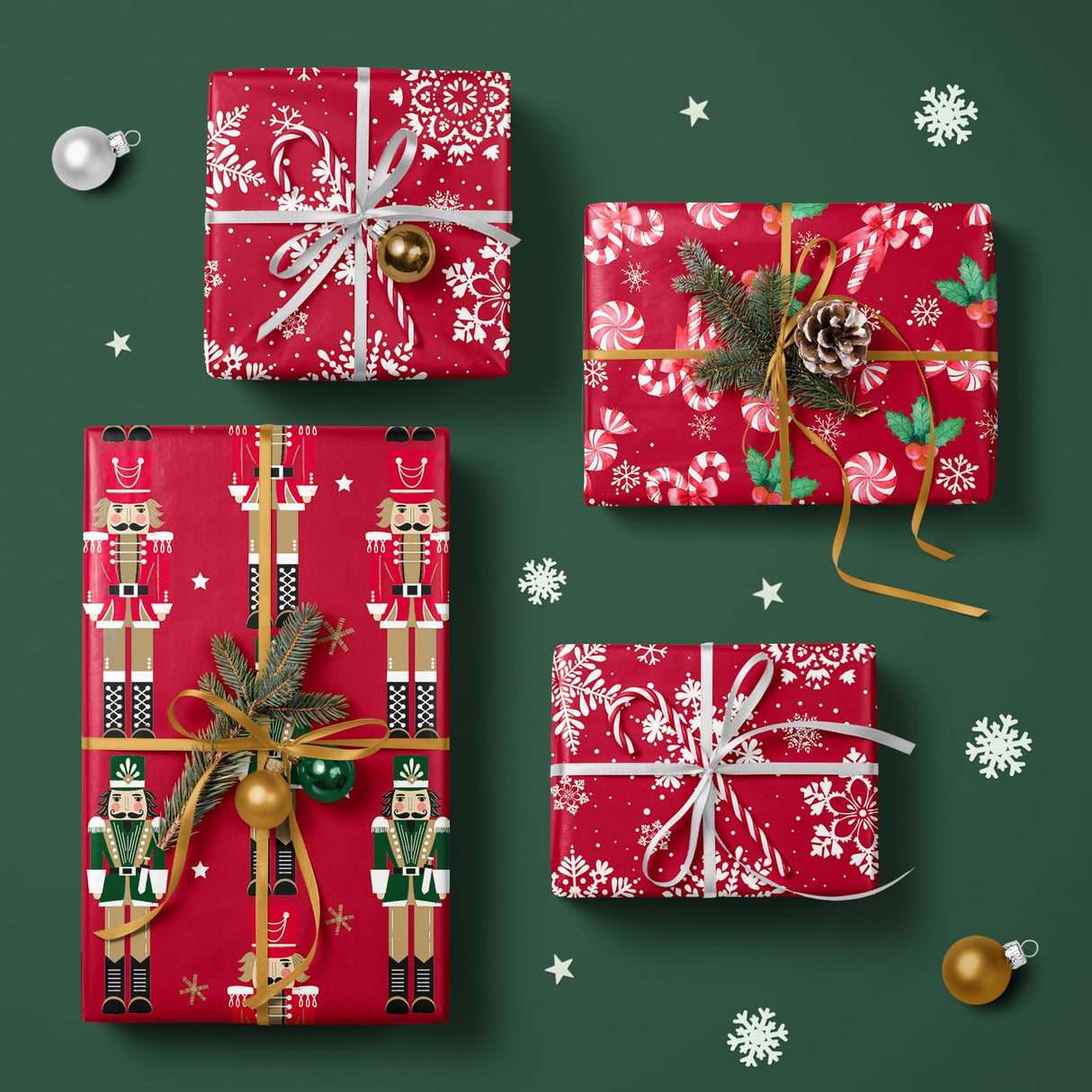 WRAPAHOLIC Christmas Wrapping Paper Roll - Mini Roll - 3 Rolls - 17 Inch x 120 Inch Per Roll - Red Nutcracker, Snowflake, Candy cane and Holly Holiday Collection WRAPAHOLIC