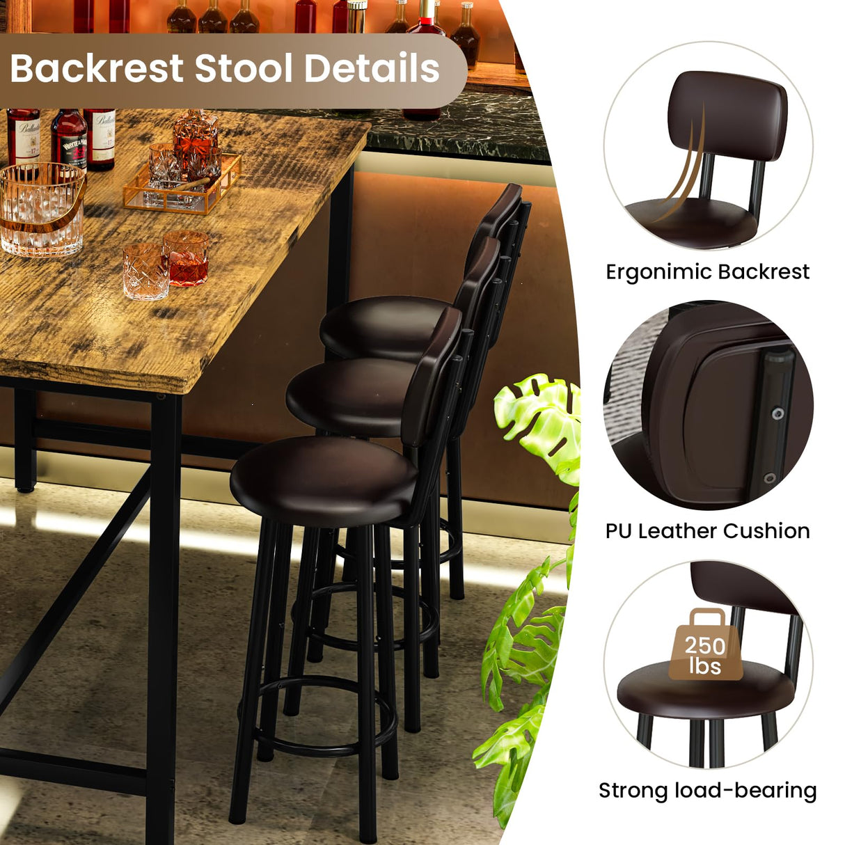 DKLGG 7-Piece Dining Table Set, 50" Bar Table Set for 6 with MDF & Metal Frame, Tall Dining with 6 PU Leather Chairs, Saving Space Pub and Chairs Sets for Bar, Kitchen, Brown DKLGG