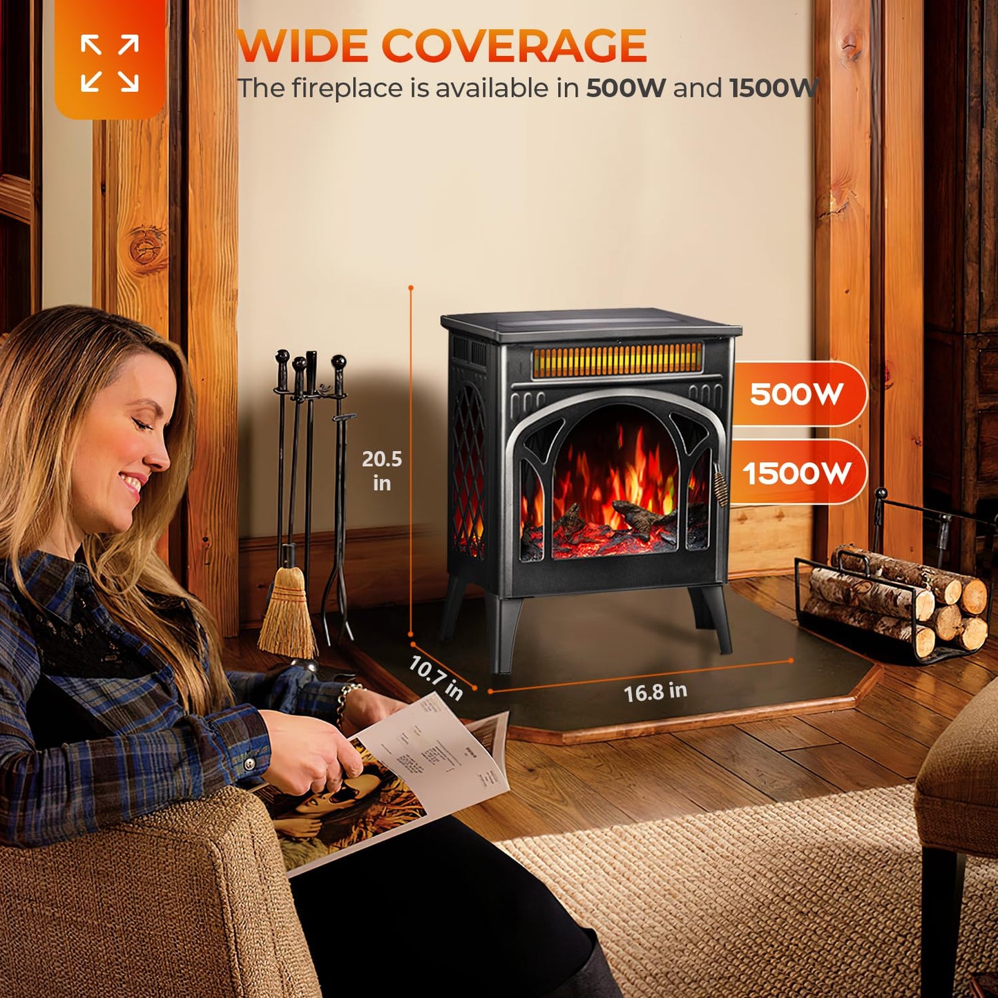 R.W.FLAME Electric Fireplace Heater 17" with Remote Control, Cathedral Stylish, Different Flame Effects and Log Set Colors, Adjustable Brightness and Heating Mode, Overheating Safe Design