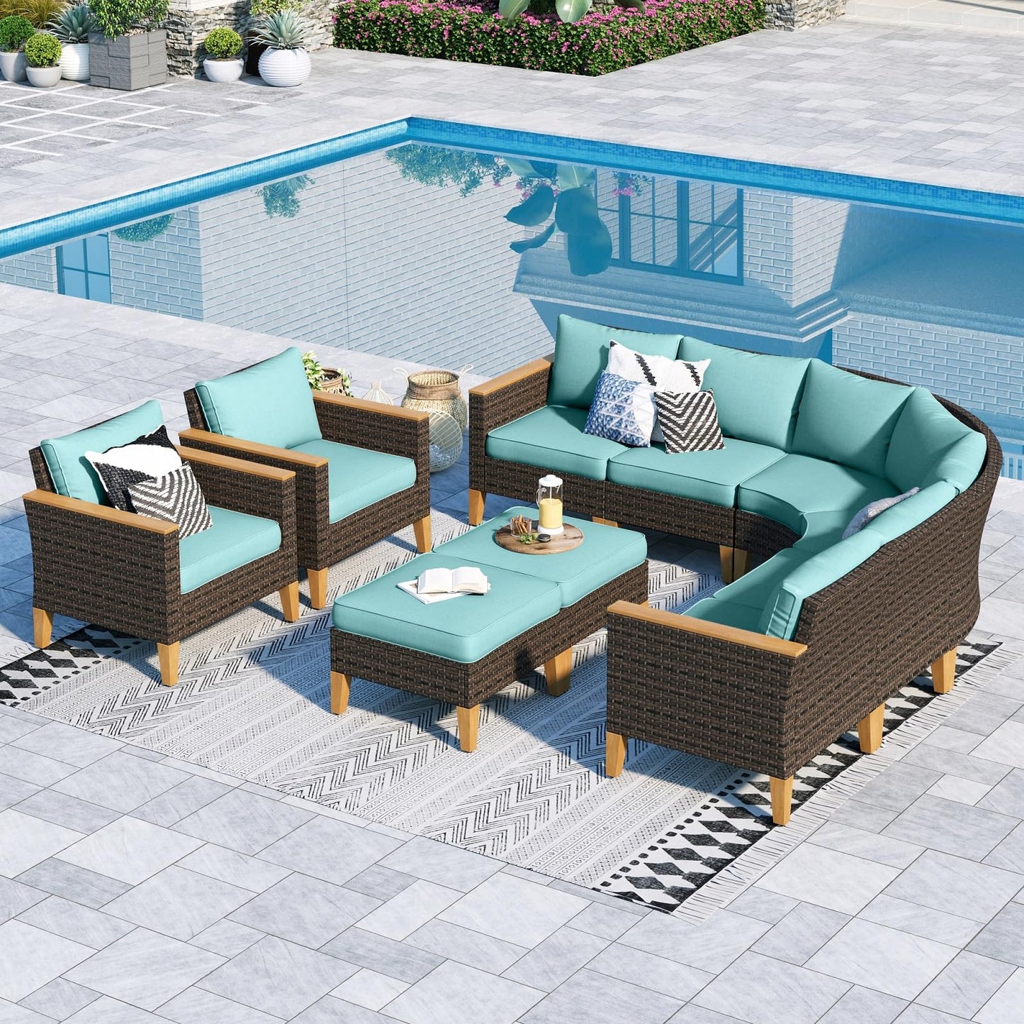 Sophia & William Outdoor Wicker Sectional Sofa Set, 10 Piece Half Moon Curved Patio Furniture Modern Round Outdoor Couch Conversation Set with Ottoman for Backyard, Deck, Garden(Aqua Blue) - WoodArtSupply