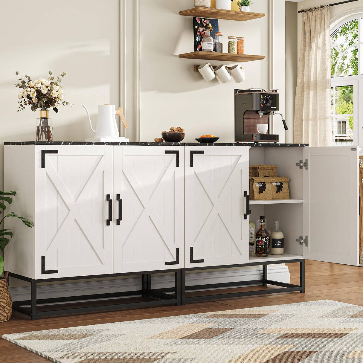 Maupvit 32" L Sideboard Buffet Cabinet with Storage, Farmhouse Tall Coffee Bar Table with Black Wood Countertop for Kitchen Dinning Room, Living Room, Antique White Entryway Accent Cabinets Maupvit