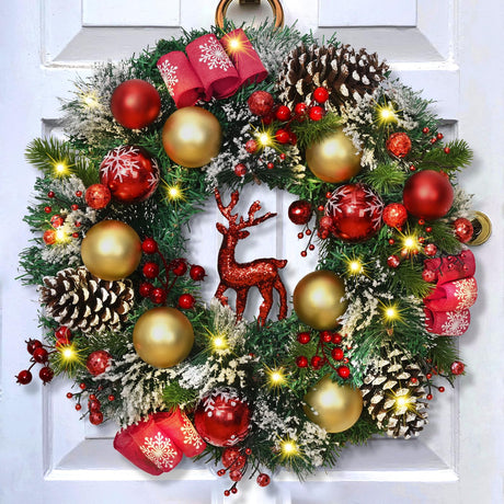 Christmas Wreath Decor - 16'' Christmas Wreaths for Front Door with Sparkly Red Christmas Reindeer Berries Cones Pine Needles, Door Wreath for Home Door Wall Party Christmas Decorations Yastouay