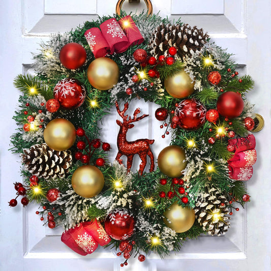 Christmas Wreath Decor - 16'' Christmas Wreaths for Front Door with Sparkly Red Christmas Reindeer Berries Cones Pine Needles, Christmas Door Wreath for Home Door Wall Party Christmas Decorations