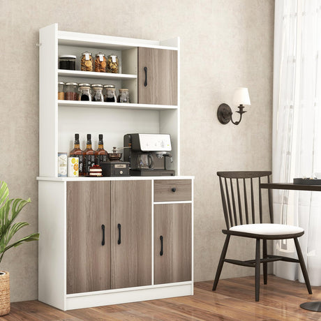 COSTWAY Kitchen Pantry Storage Cabinet, 71" Freestanding Tall Hutch Cabinet with Charging Station, Microwave Stand, Adjustable Shelves, Modern Buffet Cabinet with Hutch for Dining Room, Kitchen, White COSTWAY