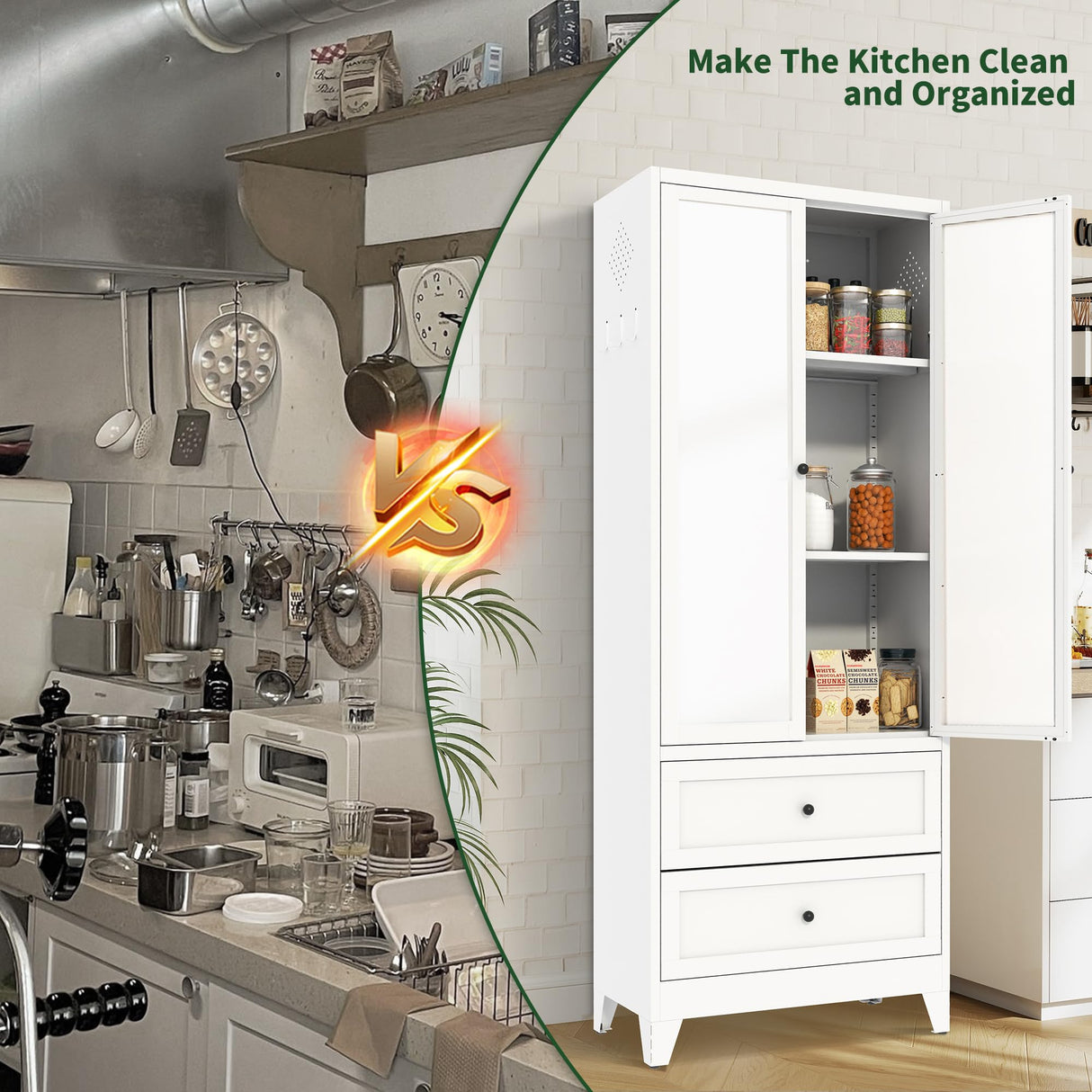 VIYET 72" Tall Kitchen Pantry Cabinet,White Metal Pantry Cabinet with 2 Drawers & 2 Adjustable Shelves,Utility Storage Cabinet Rust-Resistant for Living Room,Dining Room,Bathroom,Garage,Basement VIYET