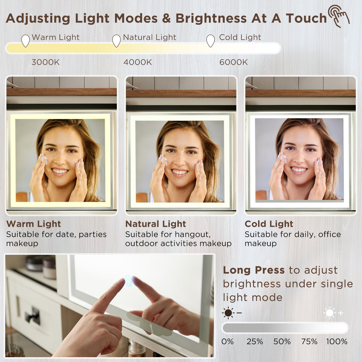 T4TREAM Farmhouse Makeup Vanity Desk with Sliding Mirror and Lights, 31.2'' Glass Tabletop White Vanity Table with 2 Drawers & Shelves, Rustic Vanity Set for Bedroom, Stool Included, Antique White T4TREAM