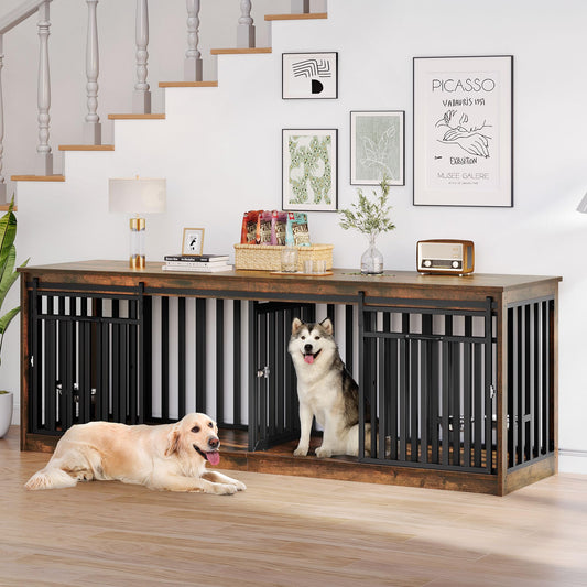 DWVO 86.6" Double Dog Crate Furniture for 2 Large Dogs, Heavy Duty Metal Dual Dog Kennel TV Stand Sliding Doors, Wooden Two Dog Cage Table with Dog Bowl for Extra Large Dogs, Rustic Brown