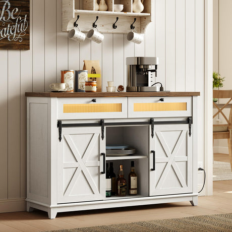 RALGEND White Farmhouse Storage Cabinet, Sideboard Buffet Cabinet with Storage, Kitchen Buffet Storage Cabinet with Power Outlet & LED Light, Coffee Bar Cabinet with Sliding Barn Doors & 2 Drawers RALGEND