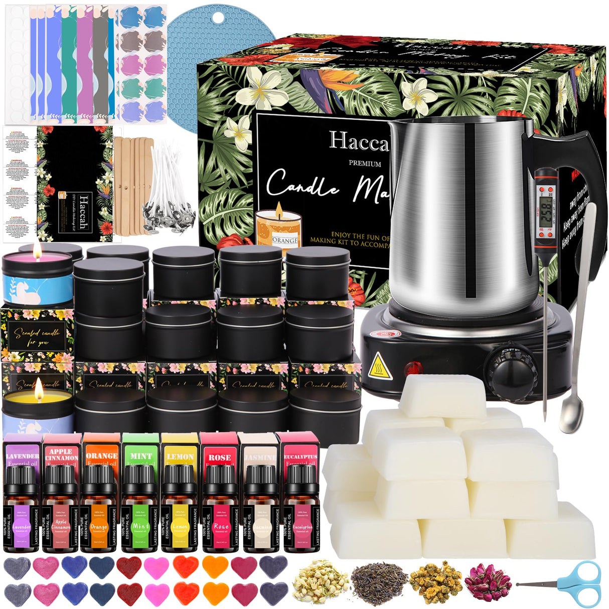 Complete Candle Making Kit With Wax Melter, Candle Making Supplies, DIY Arts&Crafts Kits Gift For Adults,Beginners,Including Bees Wax,500w Electric Stove,Wicks,Rich Scents,Wick Clips,Pouring Pot Etc. Haccah