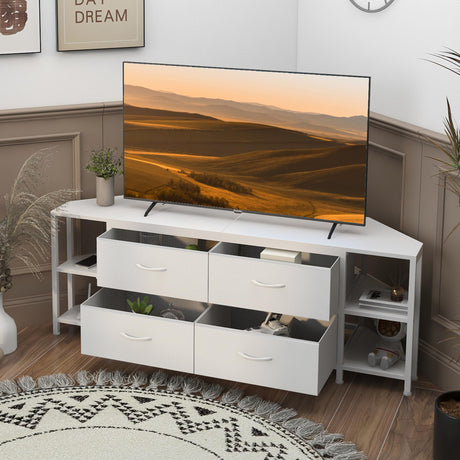 EXOTICA Corner TV Stand for Living Room with 4 Drawers and Power Outlet White Corner Entertainment Center for TVs up to 55 Inches Modern Corner Console Table with 4 Open Storage for Bedroom EXOTICA