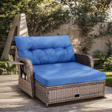 Bellefurn Patio Rattan Daybed, Wicker Recliner Loveseat for Two with Multifunctional Recliner and Stowable Side Tray, 5 Level Adjustable Backrest (Brown Wicker/Blue Cushion) Bellefurn