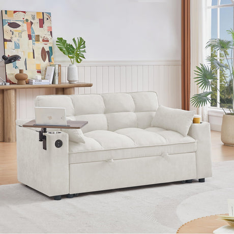 hansones 65'' 3-in-1 Convertible Sleeper Queen Sofa Modern Chenille Fabric Sofa Pullout Sofa 360 Degree Swivel Side Table, Easy to Assemble, for Living Room (White) hansones