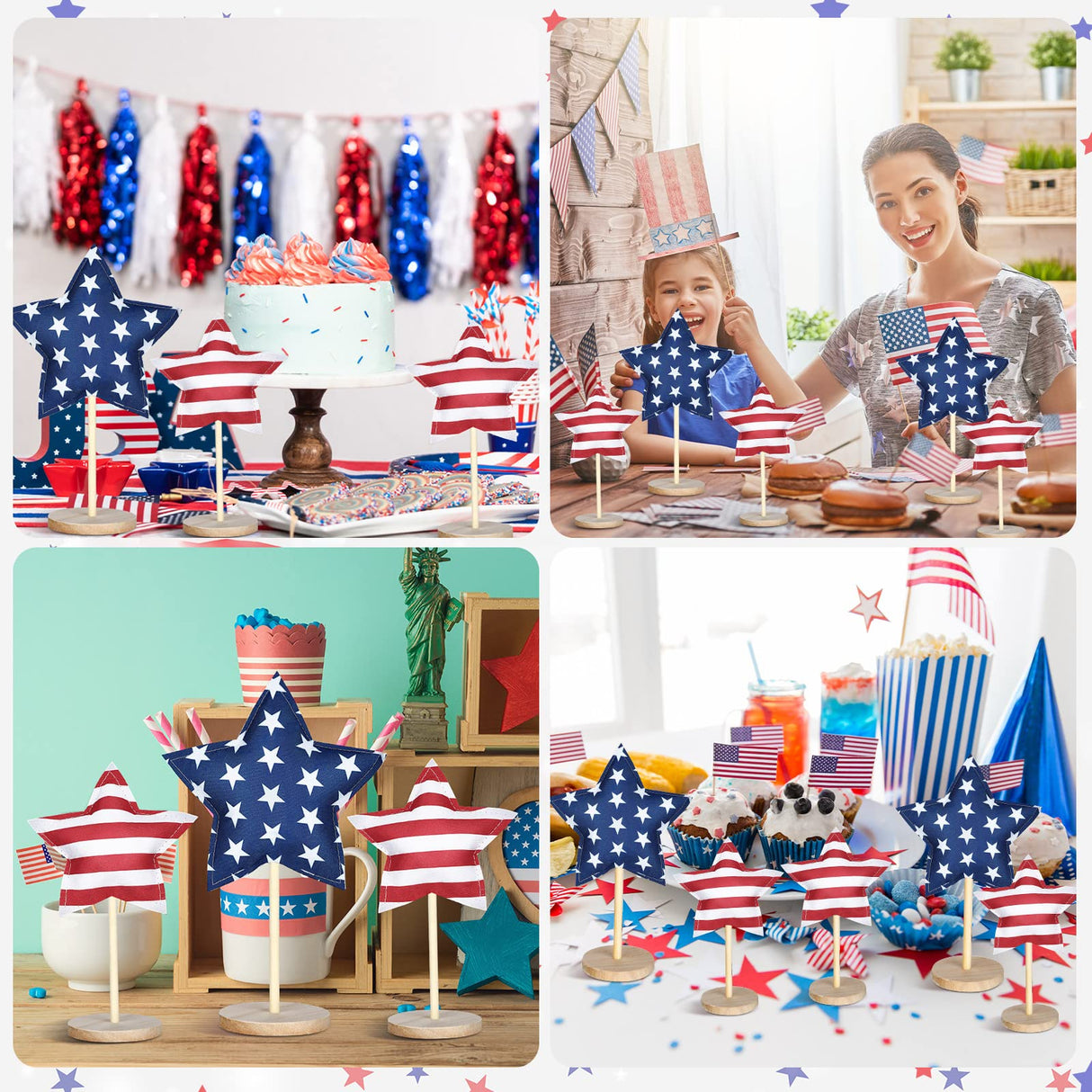 Bucherry 5 Set 4th of July Decoration Patriotic Fabric Star Ornaments Independence Day Wood Sign Star Wooden Stand Memorial Labor Day Tiered Tray Decor American Table Decor(Classic Style) Bucherry