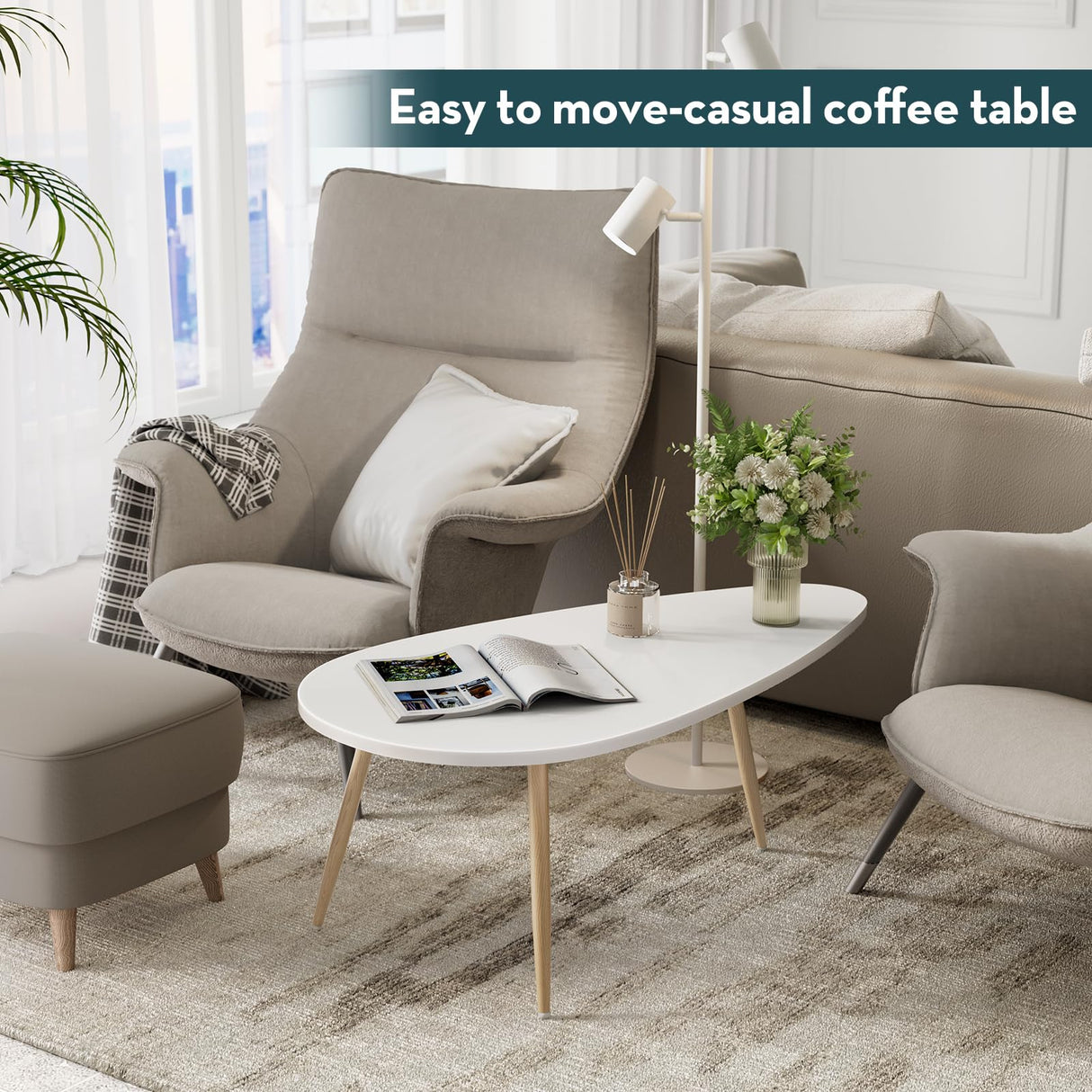 SAYGOER Modern Coffee Table White Oval Coffee Tables for Living Room Simple Center Table for Small Space Home Office Easy Assembly 22.2" D x 42.5" W x 17.1" H, White SAYGOER