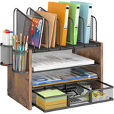 DAOUTIME 4-Tier Mesh Desk Organizer, Wooden Desk File Organizer with 5 Vertical File Holders and 2 Pen Holders, Desktop Organizer with Drawer, Desk Organizers and Accessories for Home Office DAOUTIME