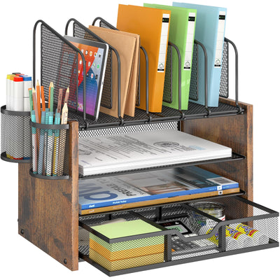 DAOUTIME 4-Tier Mesh Desk Organizer, Wooden Desk File Organizer with 5 Vertical File Holders and 2 Pen Holders, Desktop Organizer with Drawer, Desk Organizers and Accessories for Home Office