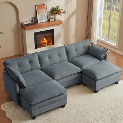 Amsleekey Modular Sectional Sofa, 111.5" U-Shaped Corduroy Comfy Sectional Couches for Living Room, 3-Seater Cloud Couches with 2 Movable Ottomans, Flexible Combination Modern Deep Seat Sofa (Grey)