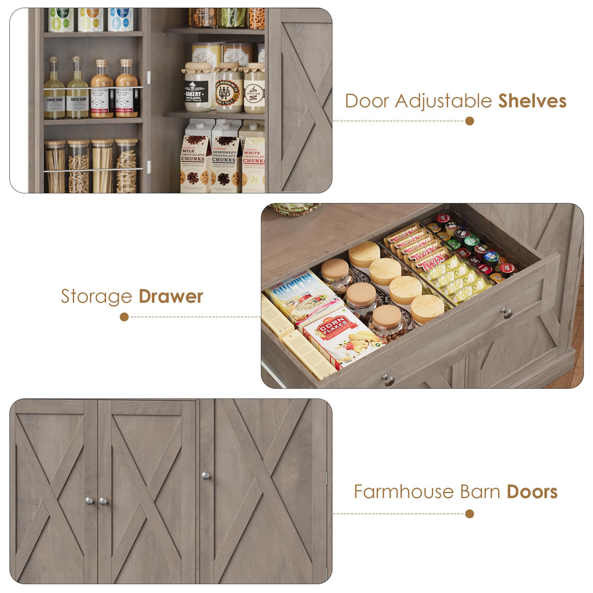 HIFIT 72.8” Tall Kitchen Pantry Cabinet with LED & Charging Station, 55” Wide Farmhouse Pantry Storage Cabinet with Microwave Stand&Shelves&Barn Doors, Kitchen Hutch Coffee Bar for Living Room, Grey HIFIT