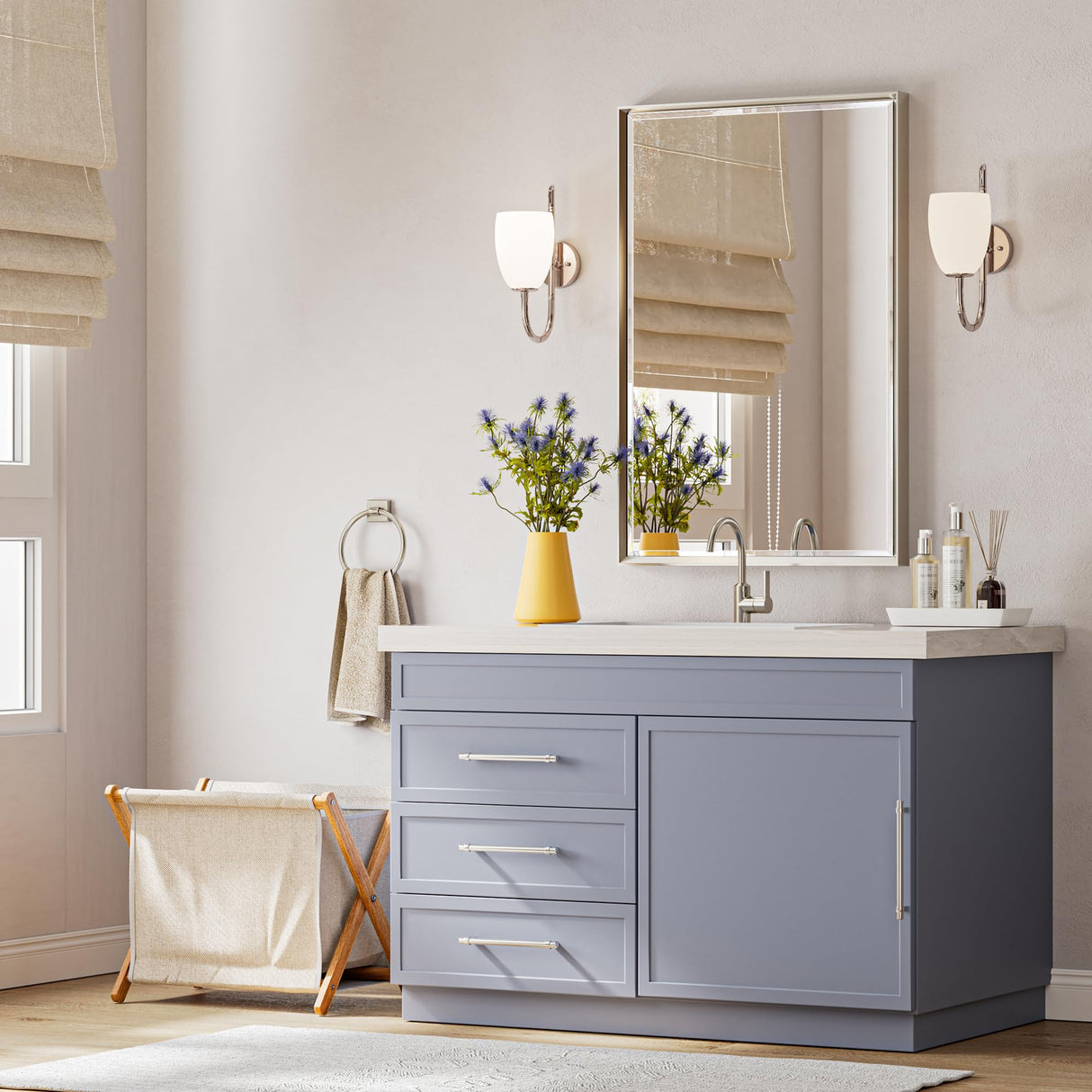 QueenFun Brushed Nickel Bathroom Mirror, 24x36 Inch Beveled Framed Bathroom Mirror Anti-Rust, Brushed Nickel Metal Frame Bathroom Vanity Mirror for Wall, Vertical/Horizontal Wall-Mounted Mirrors QueenFun