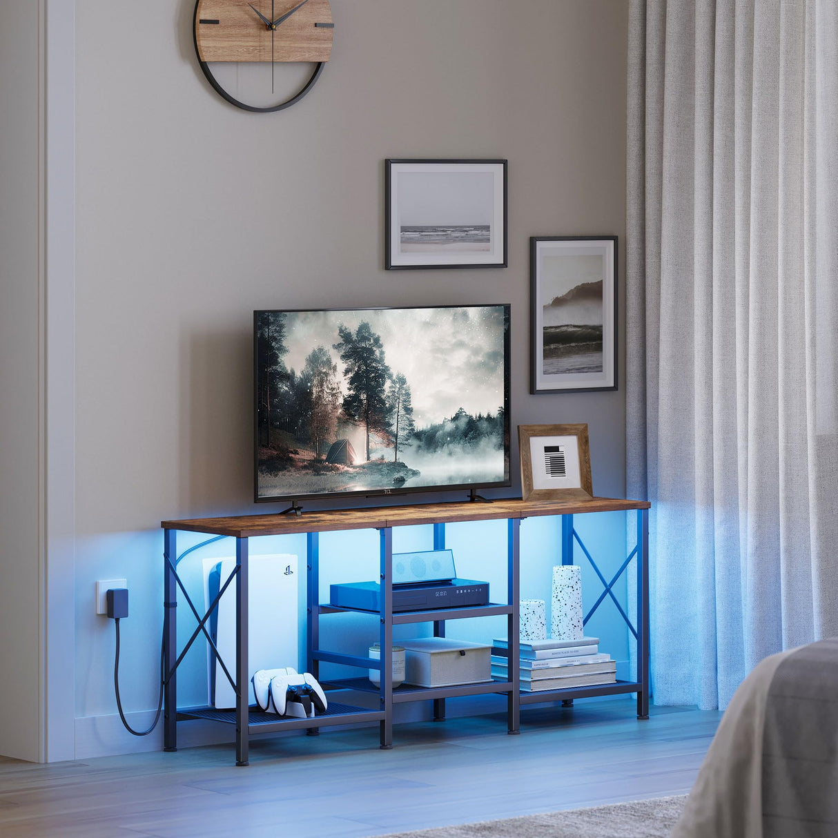 JARHETUN TV Stand with LED Lights for 55 Inch TV, Entertainment Center with 3-Tier Open Shelves, TV Console Table for Living Room, Bedroom, Rustic Brown JARHETUN