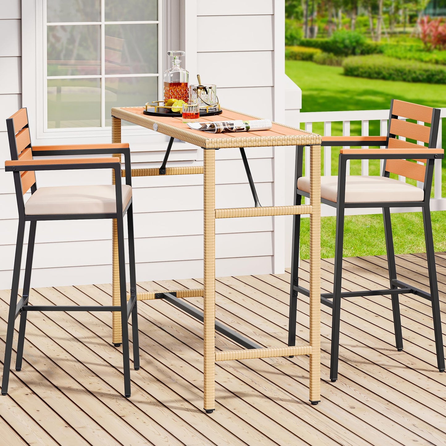 YITAHOME Light Brown 3-Piece Outdoor Wicker Patio Bar Set with Plastic Wood Tabletop - WoodArtSupply