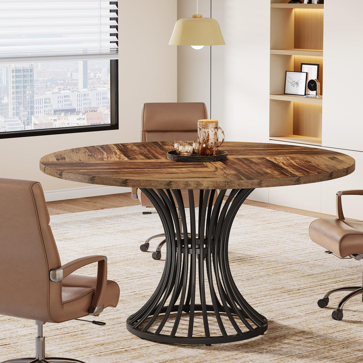 Tribesigns Round Conference Table for 4-6, 47-Inch Conference Room Table with Thickened Tabletop and Metal Base, Industrial Meeting Table for Office Meeting Room, Rustic Brown Tribesigns