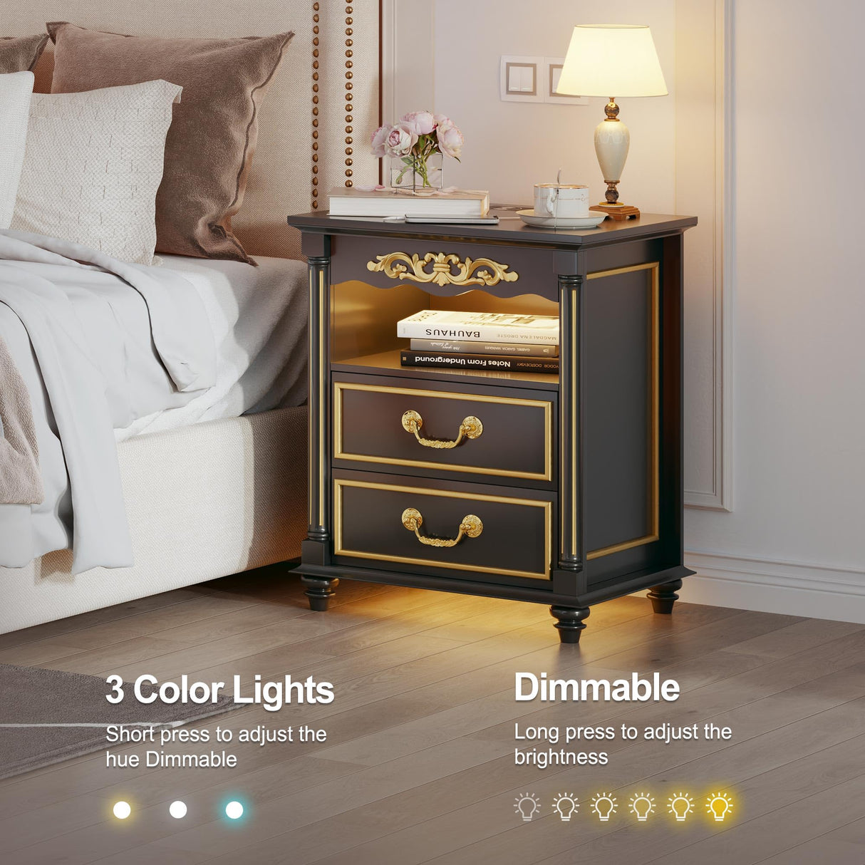 Gurexl Farmhouse Nightstand with Gun Drawer, 20" Vintage Bedside Table with LED Lights & Charging Station, Tall Rustic Wood Sofa Side End Table with 2 Drawers for Bedroom (Black) Gurexl