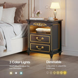 Gurexl Farmhouse Nightstand with Gun Drawer, 20" Vintage Bedside Table with LED Lights & Charging Station, Tall Rustic Wood Sofa Side End Table with 2 Drawers for Bedroom (Black) Gurexl