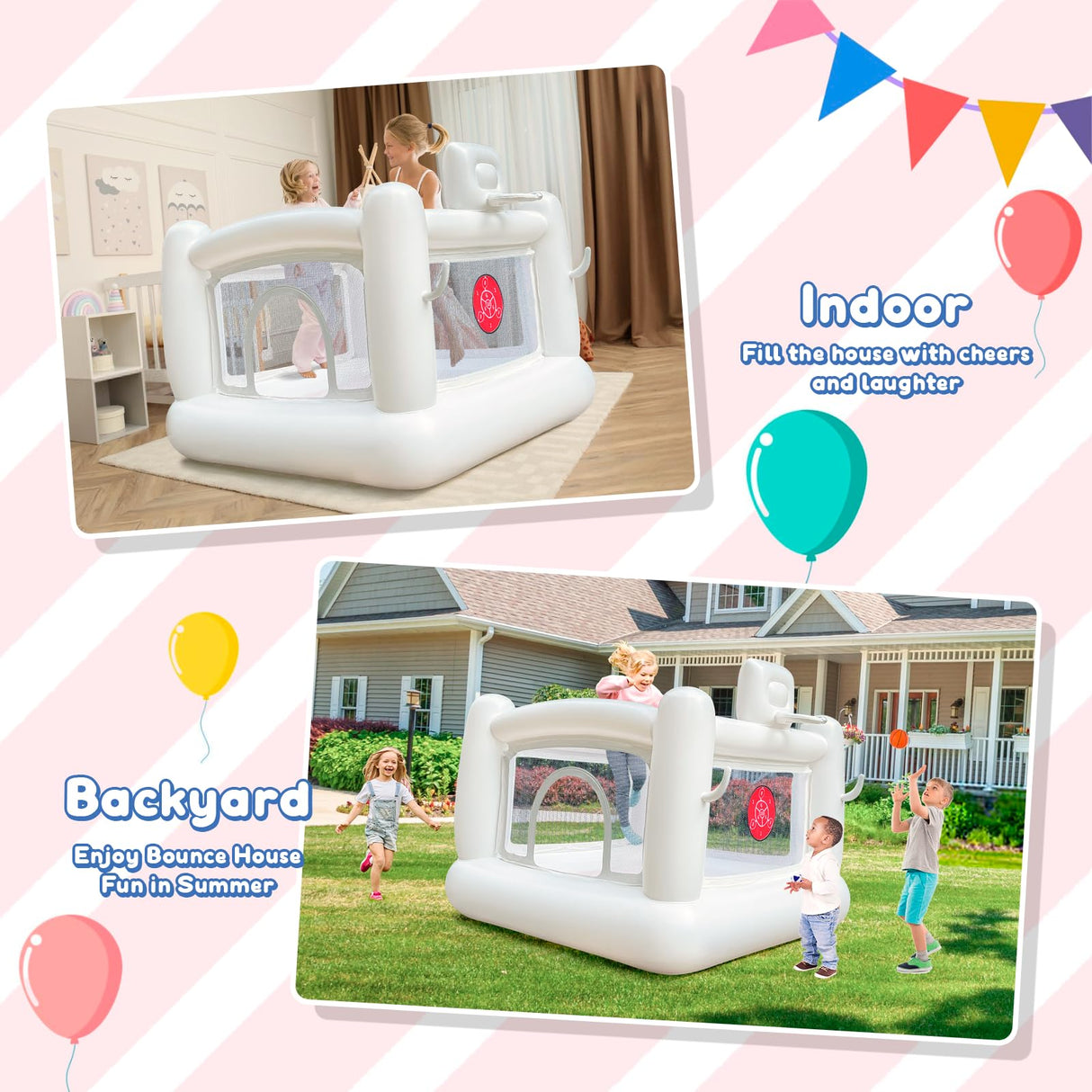 White Bounce House for Kids 2-8 Indoor Bouncy Castle with Pump Toddler Bounce House PVC Waterproof Materials Easy to Clean Outdoor Toddler Toys 68 x 68 x 58.2 inch iLink-outer
