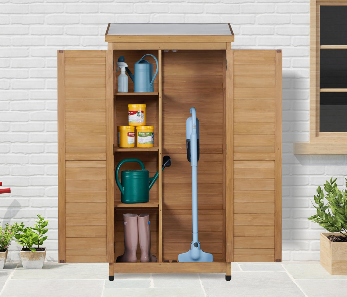 68''x33''x20'' Outdoor Wooden Storage Shed with Metal Top Tall Vertical Tool Cabinet for Backyard Garden Patio Lawn (Gold) Mederlo