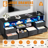 Furologee 55" LED TV Stand for Bedroom with Power Outlets, Entertainment Center with 6 Fabric Drawers for 50/55/60 inch TVs, Dresser TV Stand Long Console Media Table for Living Room, PU Black Furologee