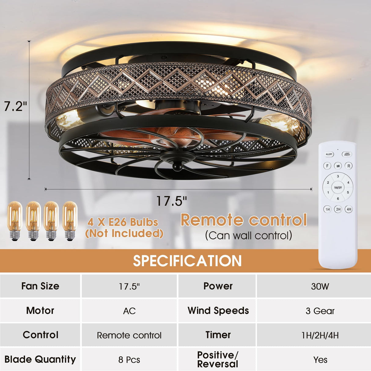 SHIHOT Low Profile Caged Ceiling Fans with Lights and Remote, Flush Mount Ceiling Fan with Light, Bedroom Fan, Small Industrial Black Ceiling Light Fixture, Reversible(Bulbs not Included) SHIHOT