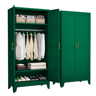 RISTERN Metal Armoire Wardrobe Closet with Hanging Rod, Clothing Storage Cabinet with Adjustable Shelves for Laundry Room, Bedroom, Home Office, Bathroom, 71" Green
