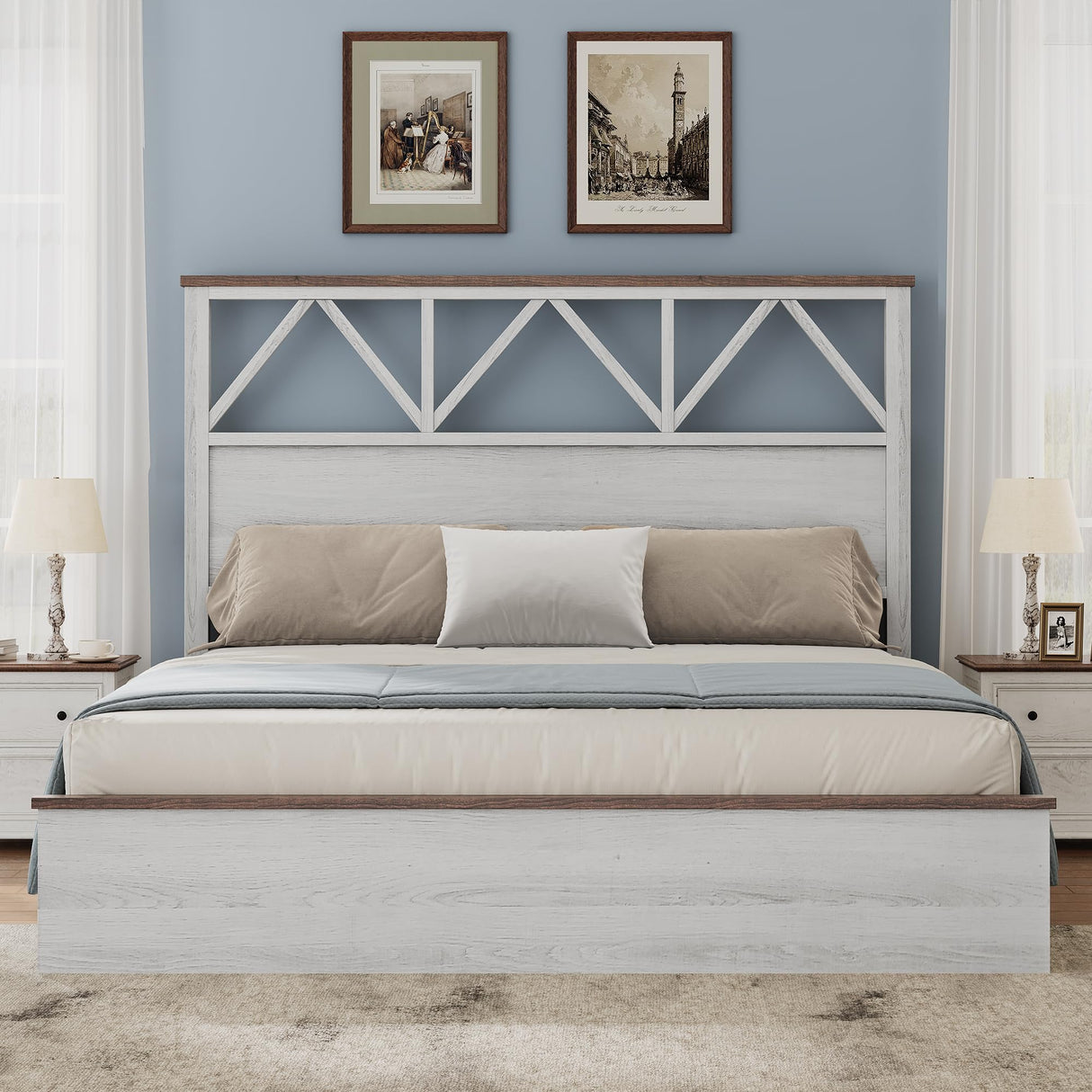 YITAHOME Farmhouse Queen Size Bed Frame with 47.2'' Headboard, Platform Rustic Wood Bed Frame with Slats, Sturdy and Noiseless, No Spring Needed, White YITAHOME