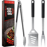 BBQ Accessories Grill Tools, Heavy Duty Grilling Accessories Barbecue Accessories Stainless Steel Grill Accessories with Spatula, Fork, Tongs and Gift-Box for Outdoor Grill, Home Grill (3PCS) HE-SANQI