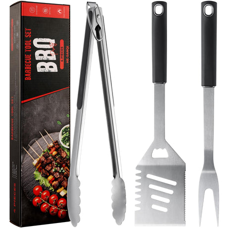 BBQ Accessories Grill Tools, Heavy Duty Grilling Accessories Barbecue Accessories Stainless Steel Grill Accessories with Spatula, Fork, Tongs and Gift-Box for Outdoor Grill, Home Grill (3PCS) HE-SANQI