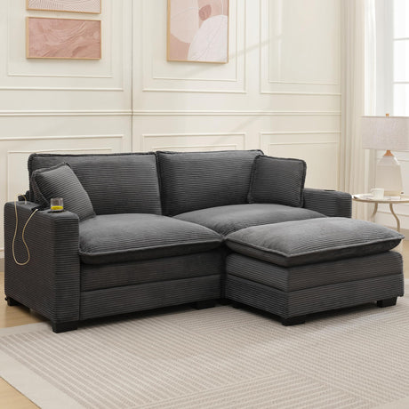 82.7" L Shaped Sectional Sofa with Cup Holders & USB Ports, Modern Loveseat Cloud Couch with Ottoman for Living Room, Apartment, Small Spaces, Grey Corduroy Tmsan