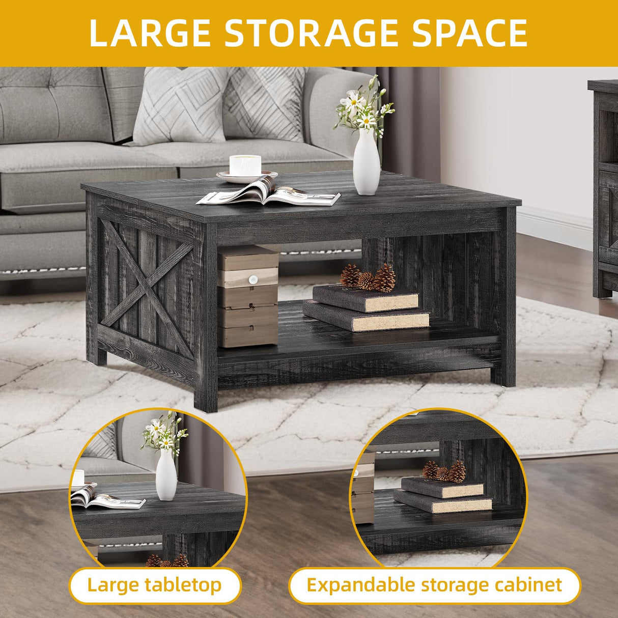 DWVO Square Coffee Tables for Living Room Farmhouse Coffee Table with Storage, 2-Tier Wood Center Table with Half Open Storage Compartment, Dark Rustic Oak DWVO