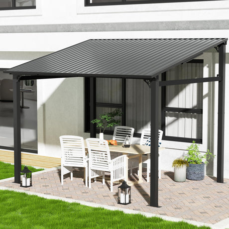 EBE 10' x 8' Hardtop Gazebo, Lean to Gazebos Outdoor Pergola with Galvanized Steel Roof, Wall Mounted Gazebo Pergola, Metal Awning for Patio, Decks, Backyard EBE