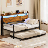 Betterhood Daybed with Trundle, Twin to King Bed Daybed Trundle Bed, Heavy Duty Metal Bed Frame with Storage Headboard & Charging Station, Day Bed Frame for Living Room Bedroom Guest Room Betterhood