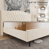 Belffin King Bed Frame and Headboard, Luxury Upholstered Velvet Platform Bed with Wingback, Button Tufted & Nailhead Trim, Anti-Slide Tall Footboard, No Box Spring Needed, Noise-Free, Beige Belffin